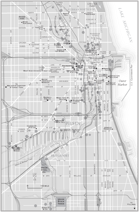 Map of sites related to the 1886 Haymarket bombing in Chicago