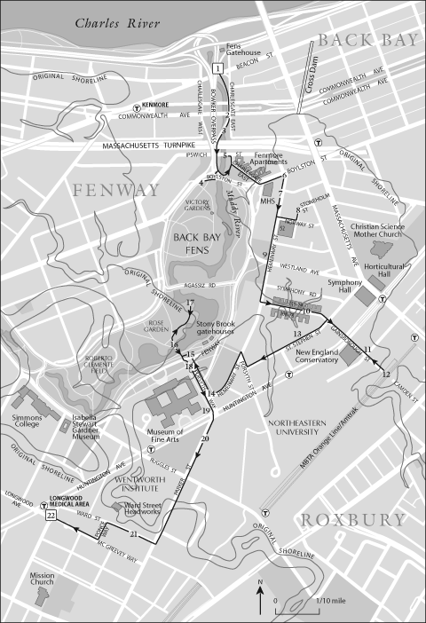 Walking map of the Back Bay and Fenway neighborhoods of Boston showing the original shoreline, from the book by Nancy Seasholes