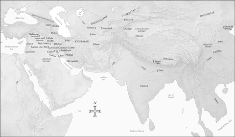 Grayscale map with shaded relief of early Christian centers across the Middle East and Asia from The Lost History of Christianity