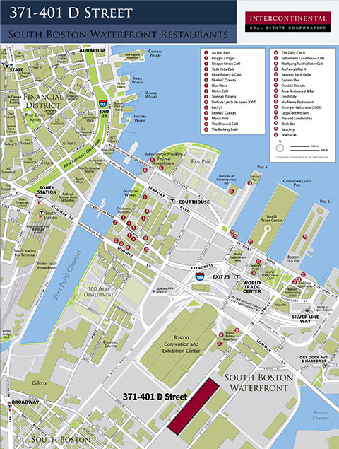 Locator map for restaurants in the South Boston Waterfront district