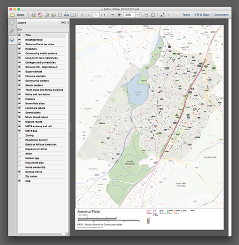 Jamaica Plain multi-layered PDF map of neighborhood resources